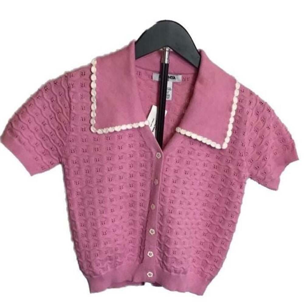 RSQ Mauve Pink Pointelle SS Collared Knit Cardigan Small Coquette Princess